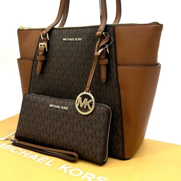 Michael Kors Large Charlotte Tote Bag & Continental Wallet Luggage Brown - Picture 3 of 13